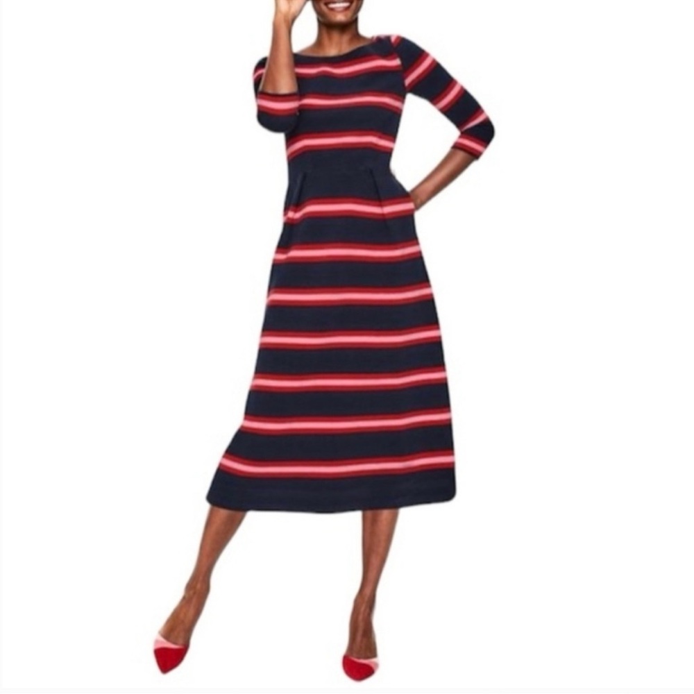 Boden Navy and Red Striped Midi Dress